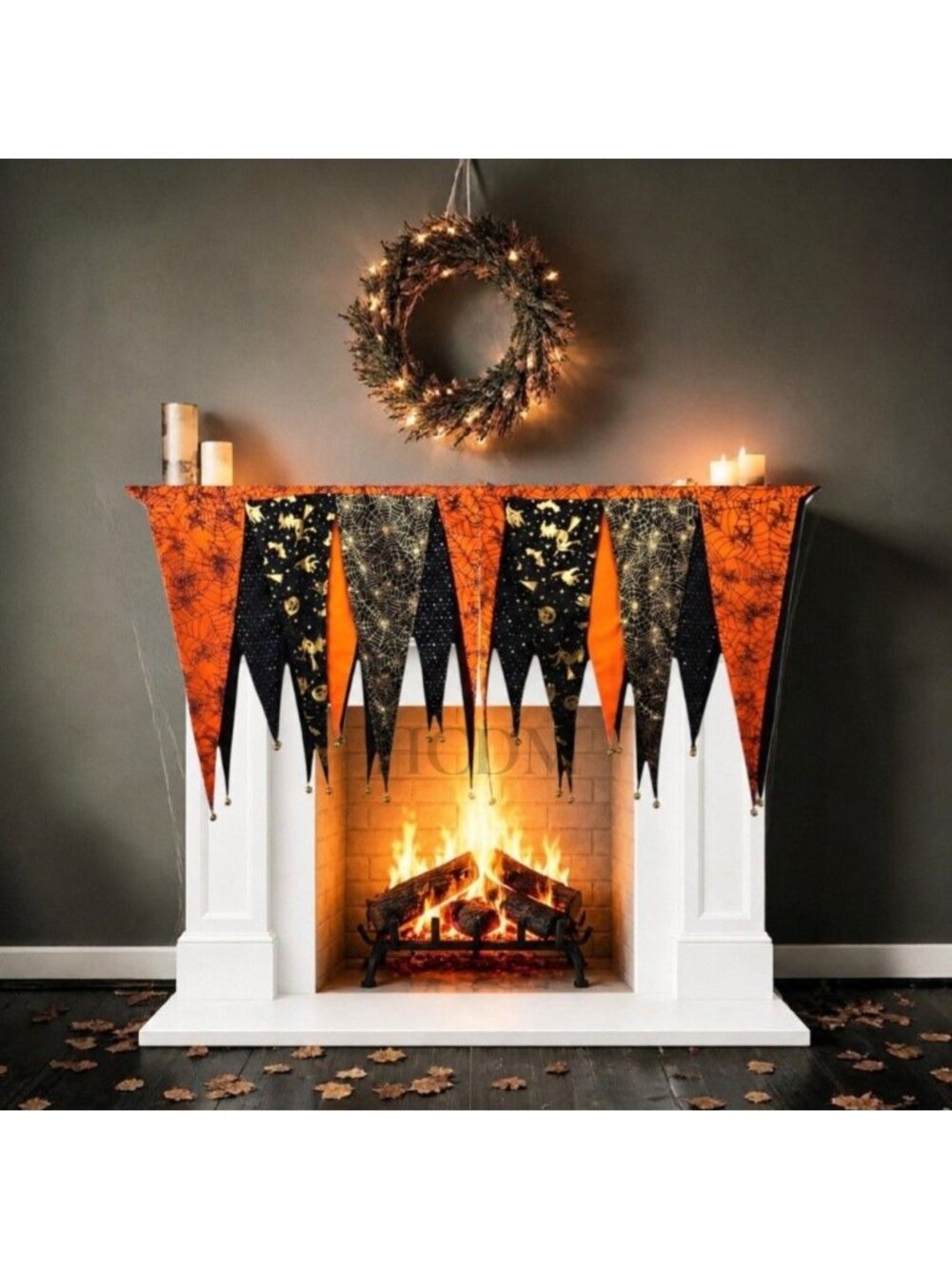 Grandin Road Bewitching Halloween Mantel Scarf Pennant Banner Bells Tassels Deco
